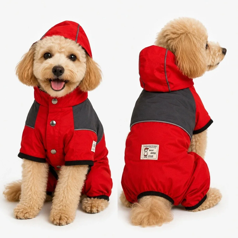 Fashion Class Red Hooded Dog Raincoat Jumpsuit Size Large Reflective Trim